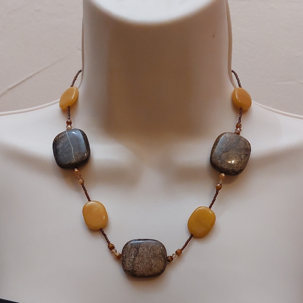 Vintage Semi Precious Stones Brown Yellow Jasper Station Bead Necklace